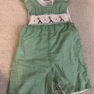Green Gingham Romper with Embroidered Detail